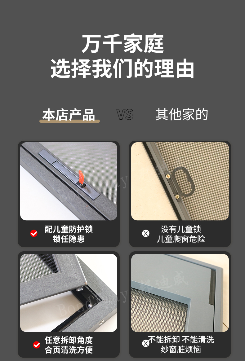 内开窗高透金刚网纱窗免打孔自装防盗防护平开窗户儿童锁防蚊纱窗(图17)