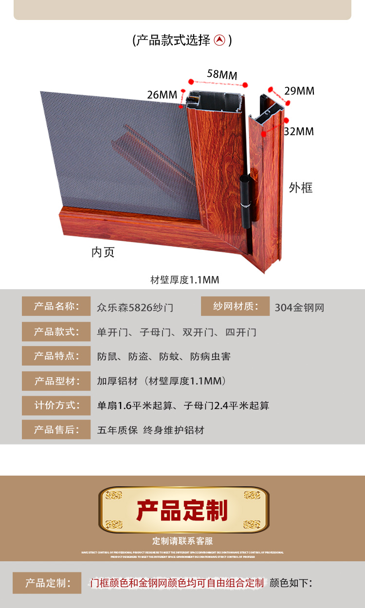 众乐森304金刚网铝合金防蚊防鼠纱门通风防虫防蚁平开带锁纱窗门(图10)