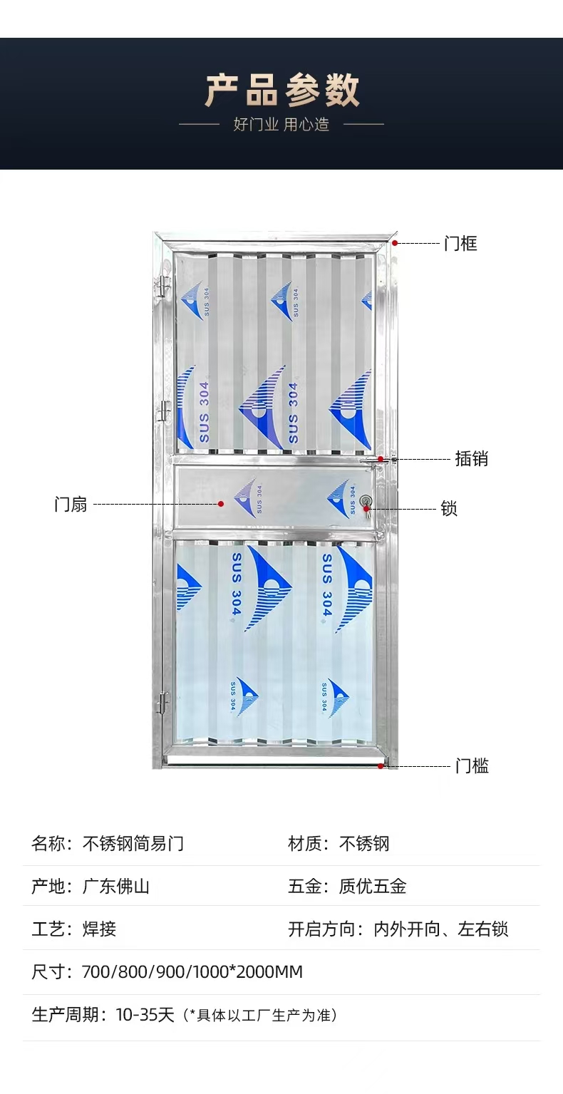 304不锈钢防盗工程门阳台出租屋卫生间厨房平开简易入户单门定制(图4)