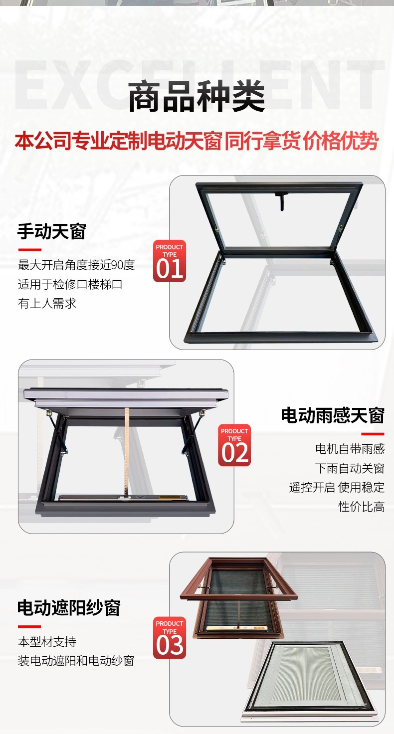 手动电动定制铝合金平移采光井斜屋顶消防排烟玻璃房楼顶天窗(图5)