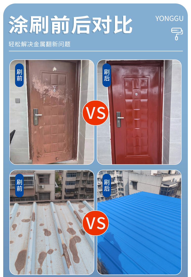 永固油漆铁红醇酸调和漆防锈漆金属防腐自喷银粉漆木门翻新大桶装(图5)