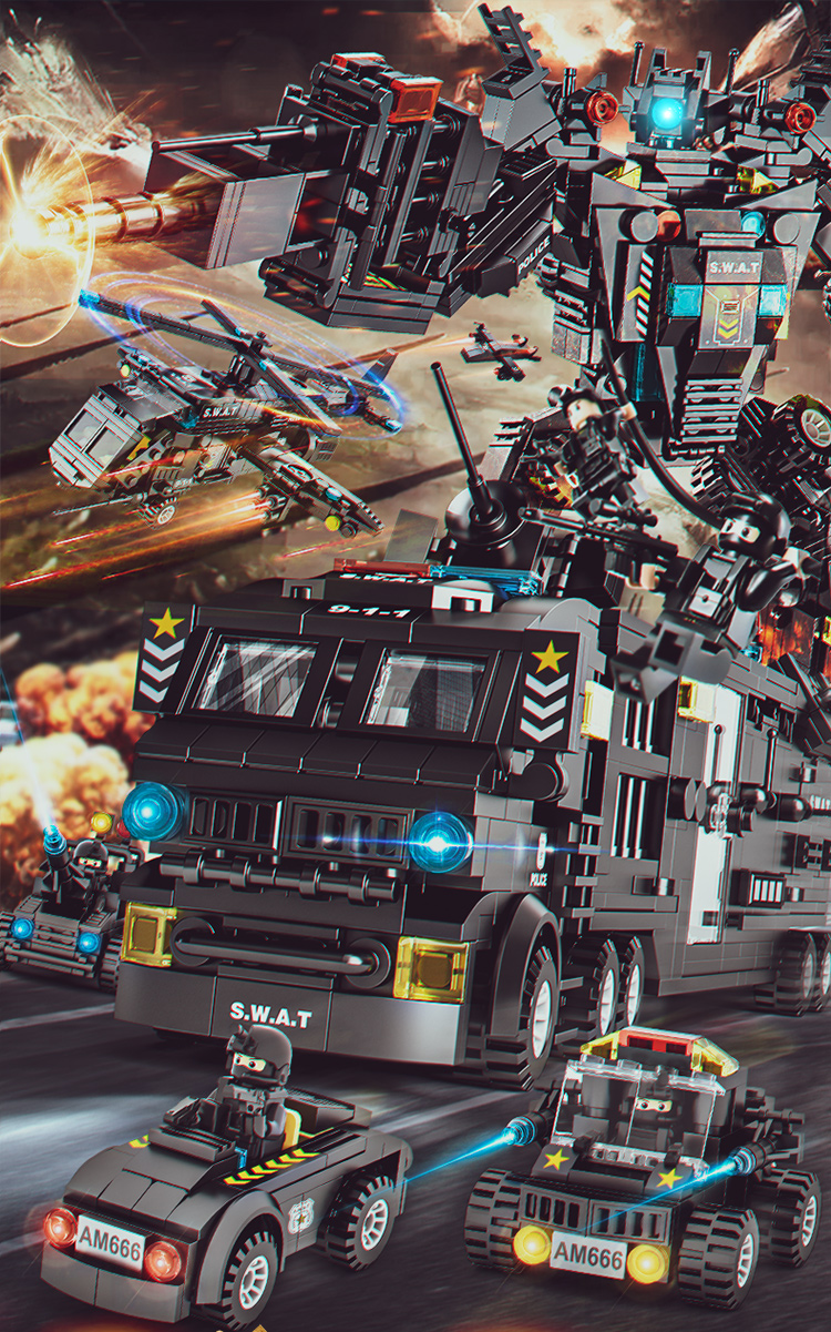 积木男孩子城市益智力拼装图汽车儿童特警机器人金刚玩具生日礼物(图1)