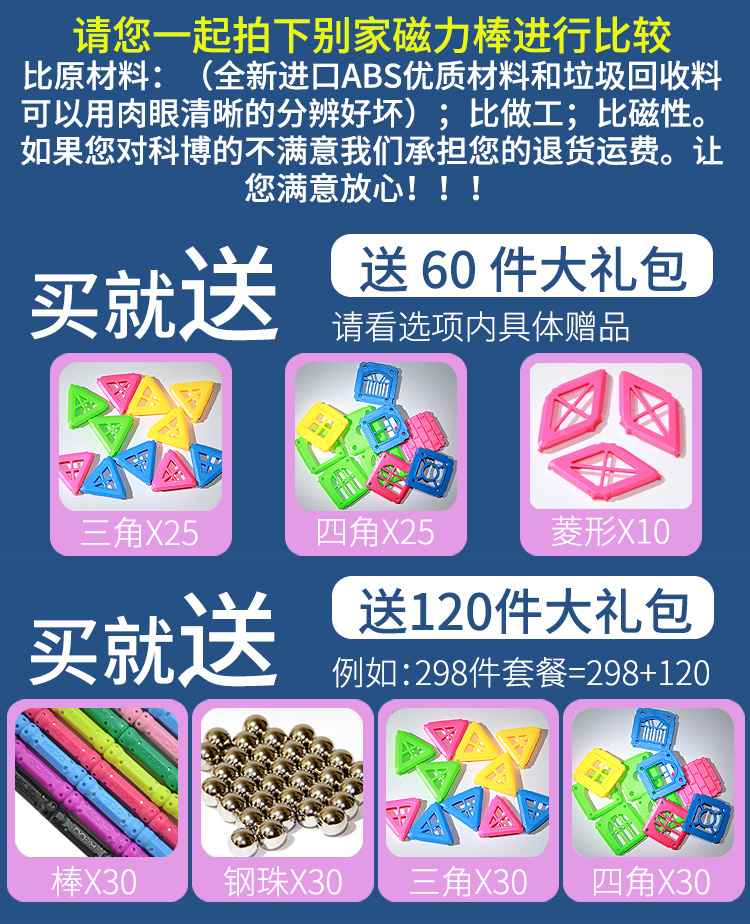 科博磁力棒 玩具散装630件磁性拼装积木儿童益智女男孩3-10岁吸铁(图2)