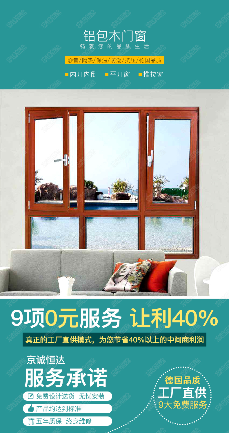 京诚恒达铝包木门窗隔音门窗平开窗封阳台卧室落地窗三层玻璃窗户(图2)