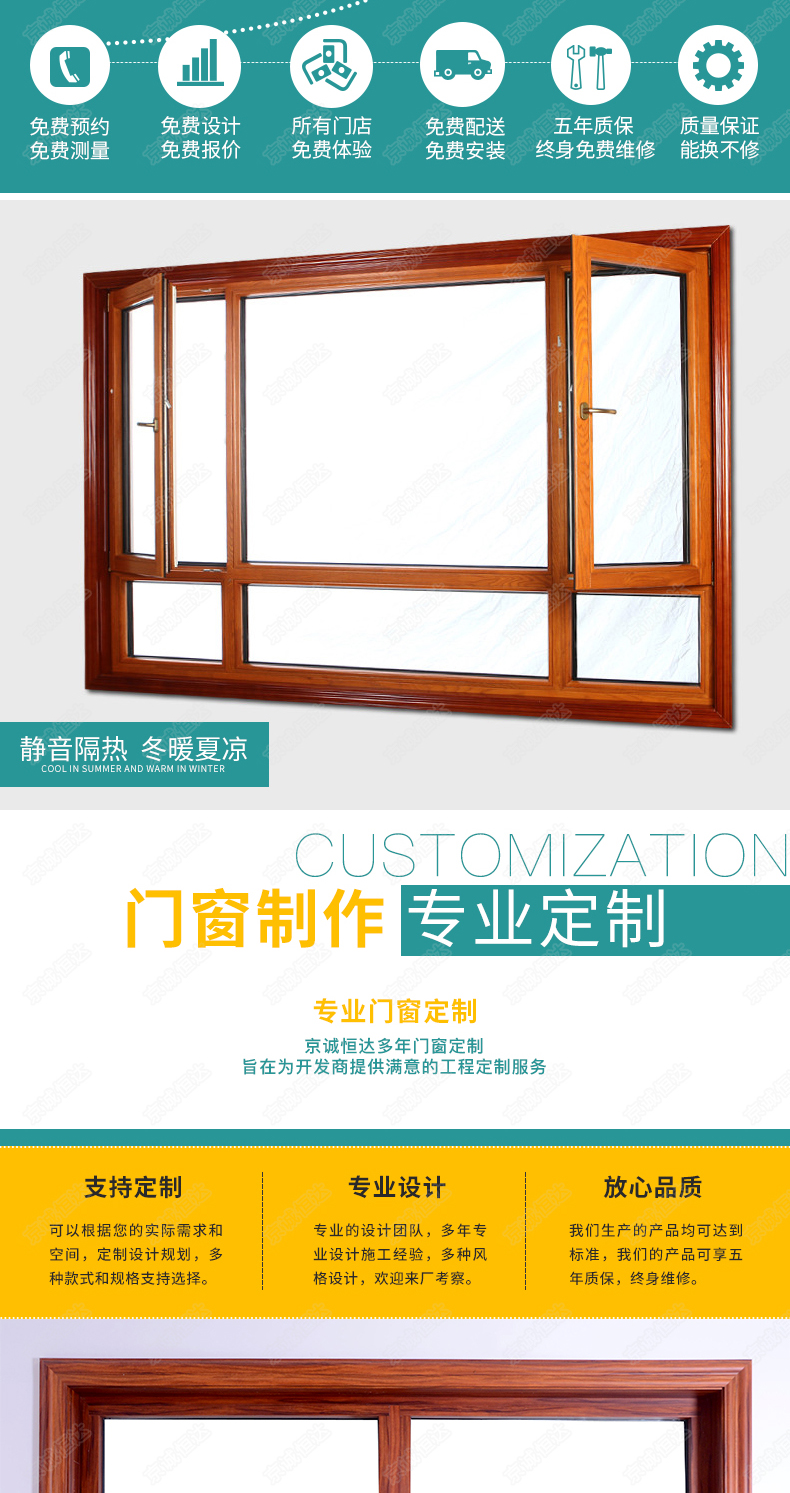 京诚恒达铝包木门窗隔音门窗平开窗封阳台卧室落地窗三层玻璃窗户(图3)