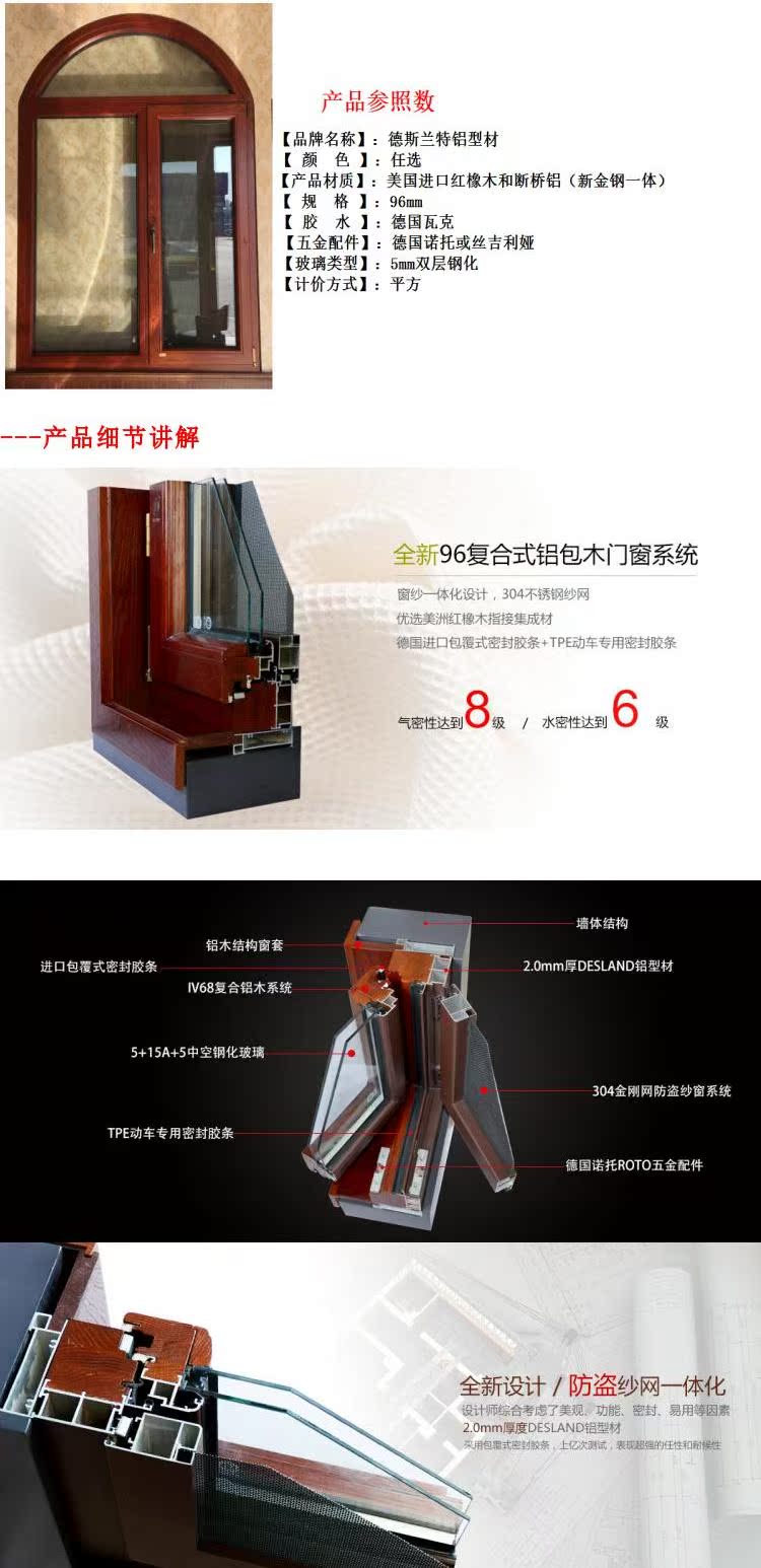 正品德斯兰特断桥铝门窗美州红橡木96金钢一体铝包木门窗隔音窗(图3)
