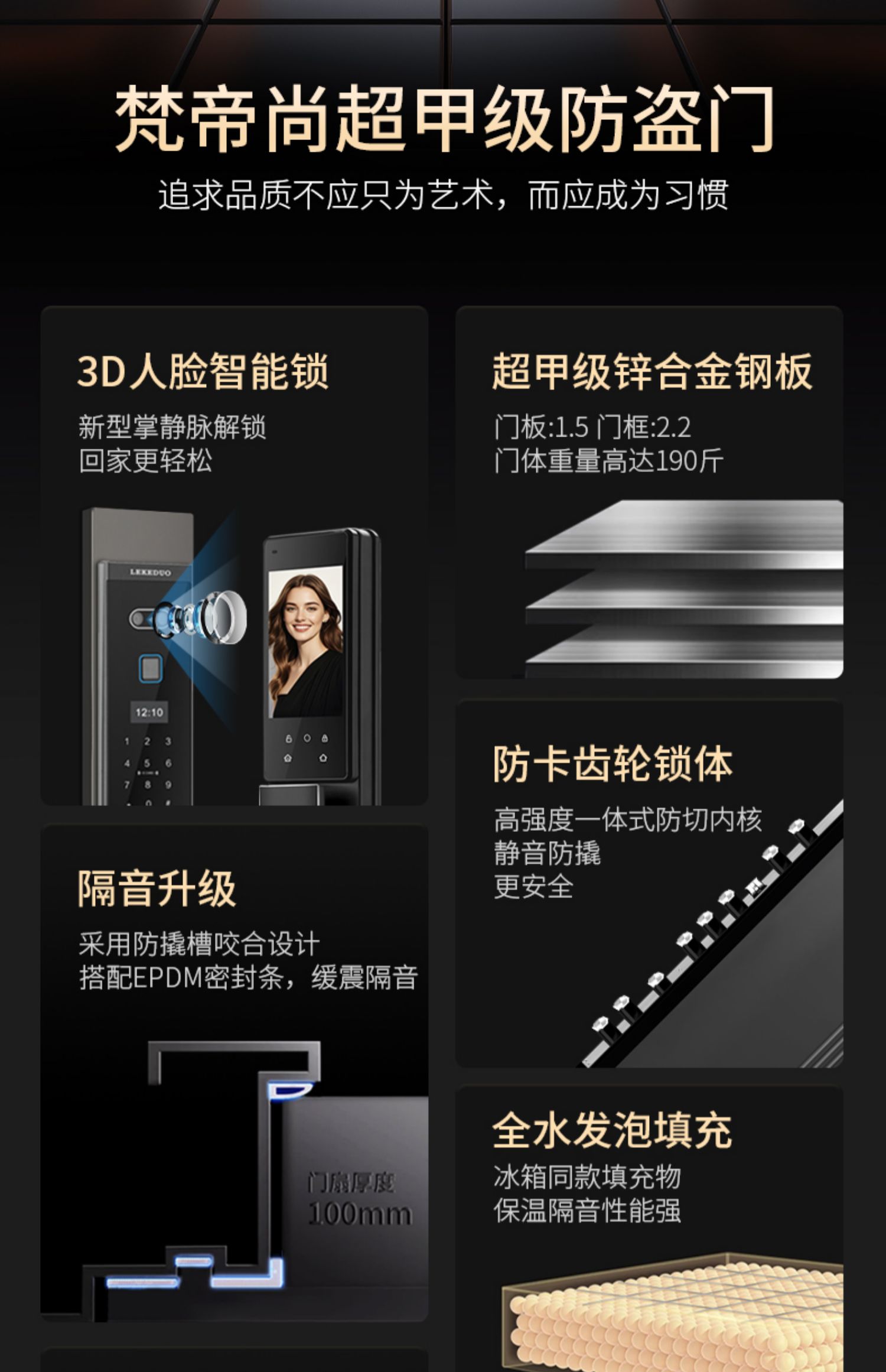 梵帝尚超甲级防盗门家用智能门锁入户门发泡隔音进户门加高子母门(图6)