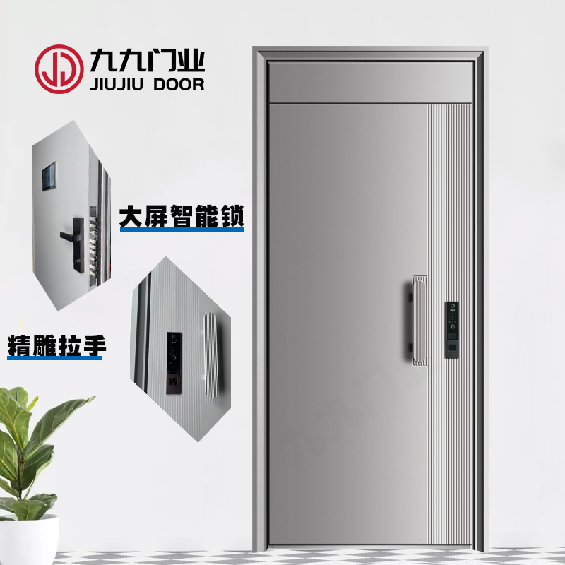 高端入户门甲级防盗门奶油灰家用子母门智能门锁极简风别墅门(图2)