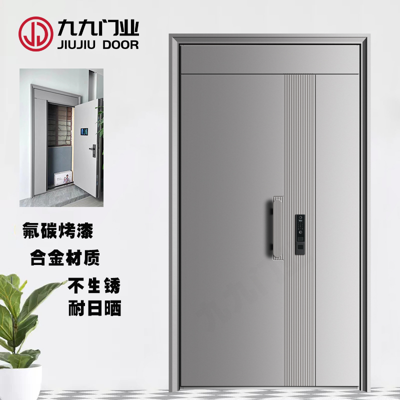 高端入户门甲级防盗门奶油灰家用子母门智能门锁极简风别墅门(图4)