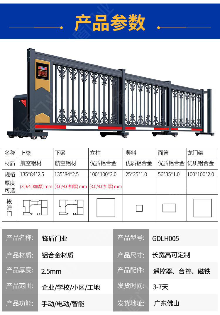 锋盾铝合金电动伸缩大门分段平移门工厂工地自动收缩门段滑门折叠(图12)