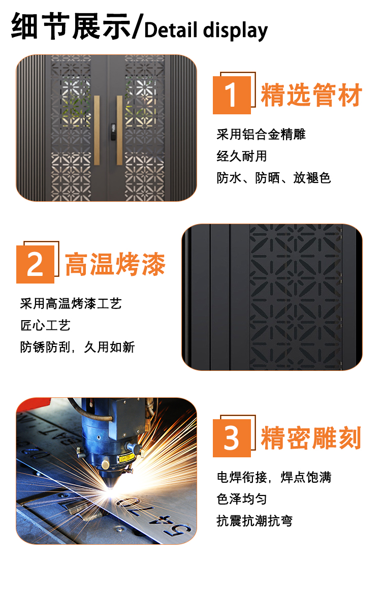 院子铝合金庭院电动平移门雕刻不锈钢智能单双开门镀锌铁艺四折叠(图16)