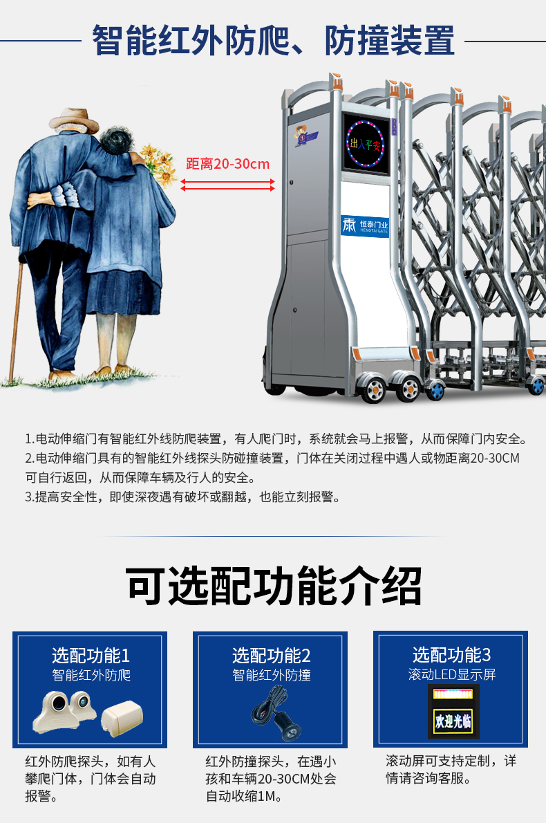 恒泰门业电动伸缩门304不锈钢工厂学校抗风封板大门自动铝合金门(图21)