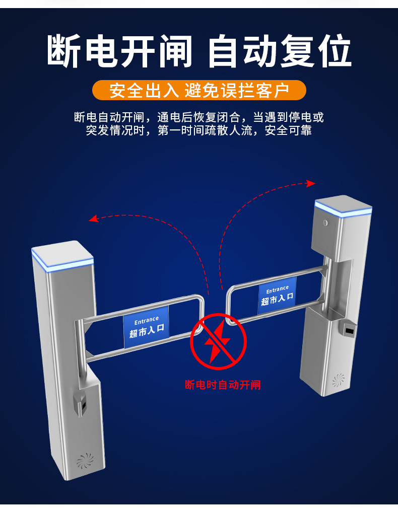 超市入口自动感应门单向摆闸电只进不出禁行器红外雷达手动机械门(图7)
