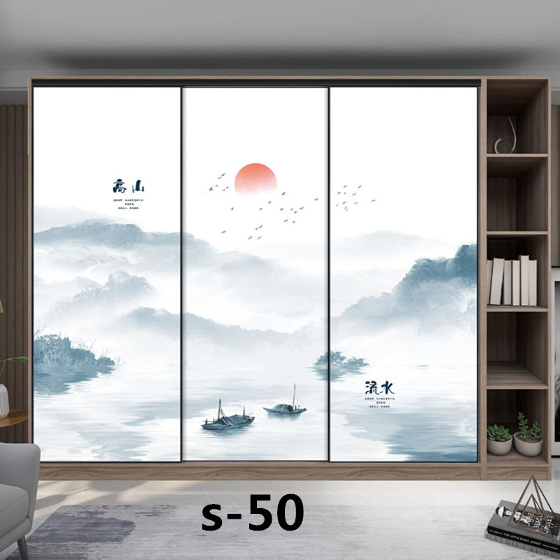 水墨山水画推拉门定做新中式移门中国风彩绘衣柜门定制衣橱壁柜门(图50)