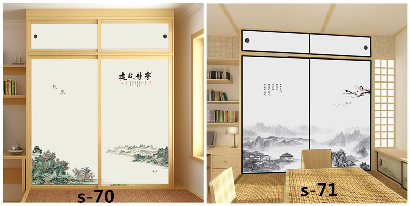 水墨山水画推拉门定做新中式移门中国风彩绘衣柜门定制衣橱壁柜门(图58)