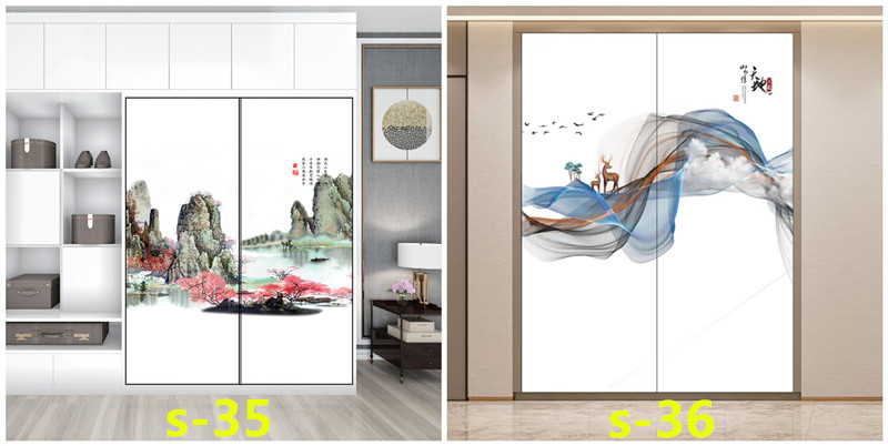 水墨山水画推拉门定做新中式移门中国风彩绘衣柜门定制衣橱壁柜门(图45)