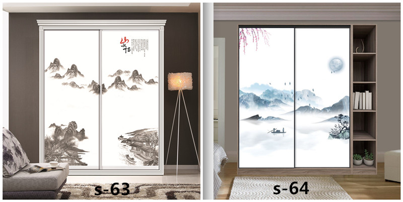 水墨山水画推拉门定做新中式移门中国风彩绘衣柜门定制衣橱壁柜门(图54)