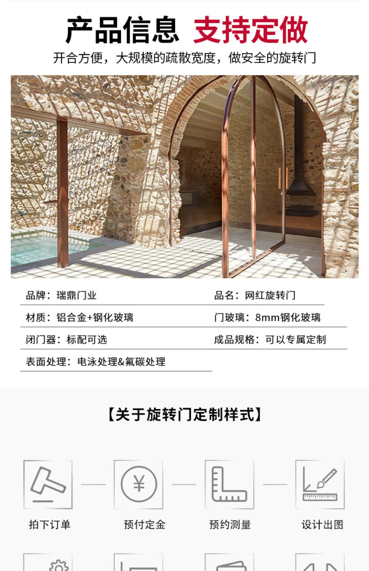 网红门拱形360度服装店拱形门设计中轴地弹簧门单双开旋转玻璃门(图4)