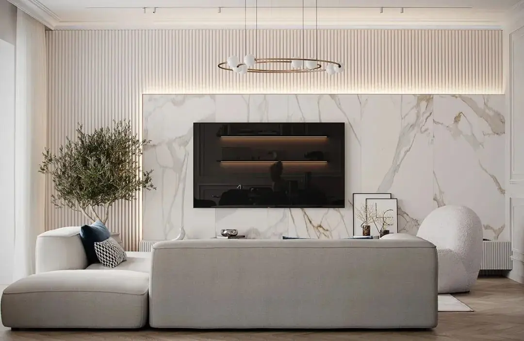 别再刮大白了,这些电视背景墙的“王炸”设计手法,太新潮了!(图3) 石材设计效果图使用什么软件_石材效果图设计软件_石材家装效果图