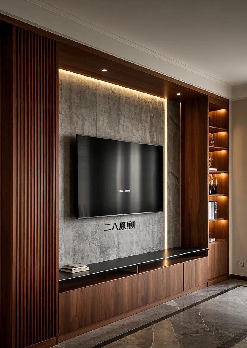 生态木墙面效果图_客厅视觉焦点装修_电视背景墙设计
