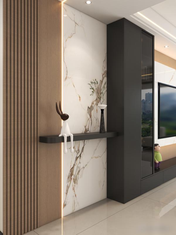 她家116㎡,光一个电视背景墙就让无数人效仿,实用又有高级感(图2) 装修效果图大全2025图片电视墙_悬空电视柜隐藏灯带_电视墙岩板木格栅设计