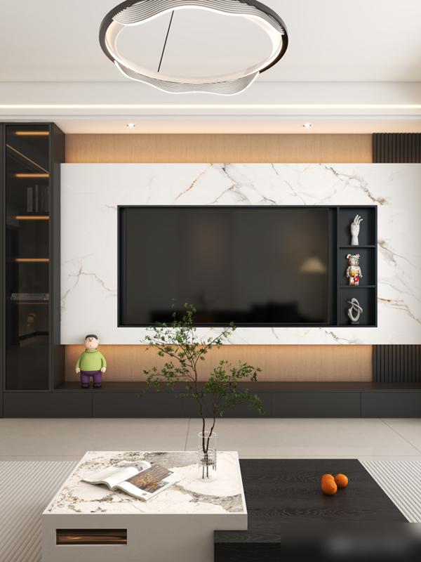 她家116㎡,光一个电视背景墙就让无数人效仿,实用又有高级感(图11) 电视墙岩板木格栅设计_悬空电视柜隐藏灯带_装修效果图大全2025图片电视墙