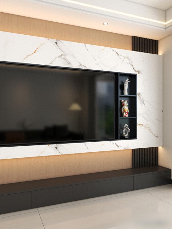 她家116㎡,光一个电视背景墙就让无数人效仿,实用又有高级感(图3) 悬空电视柜隐藏灯带_电视墙岩板木格栅设计_装修效果图大全2025图片电视墙