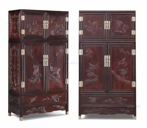 【分享】桌、凳、几、屏......认识绝美传统家具(图11) 大红酸枝松鹤延年顶箱柜一对_5833红木家具导购网