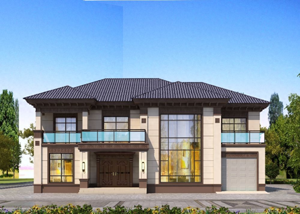 跃层式楼梯 装修_二层别墅设计 205平米带车库旋转楼梯 新中式布局