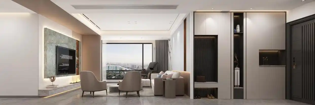 163 ㎡后现代极简风平层,淡蓝背景墙让人心都跟着放松了(图3) 装修现代简约风格_后现代简约装修_现代简约装修好看吗