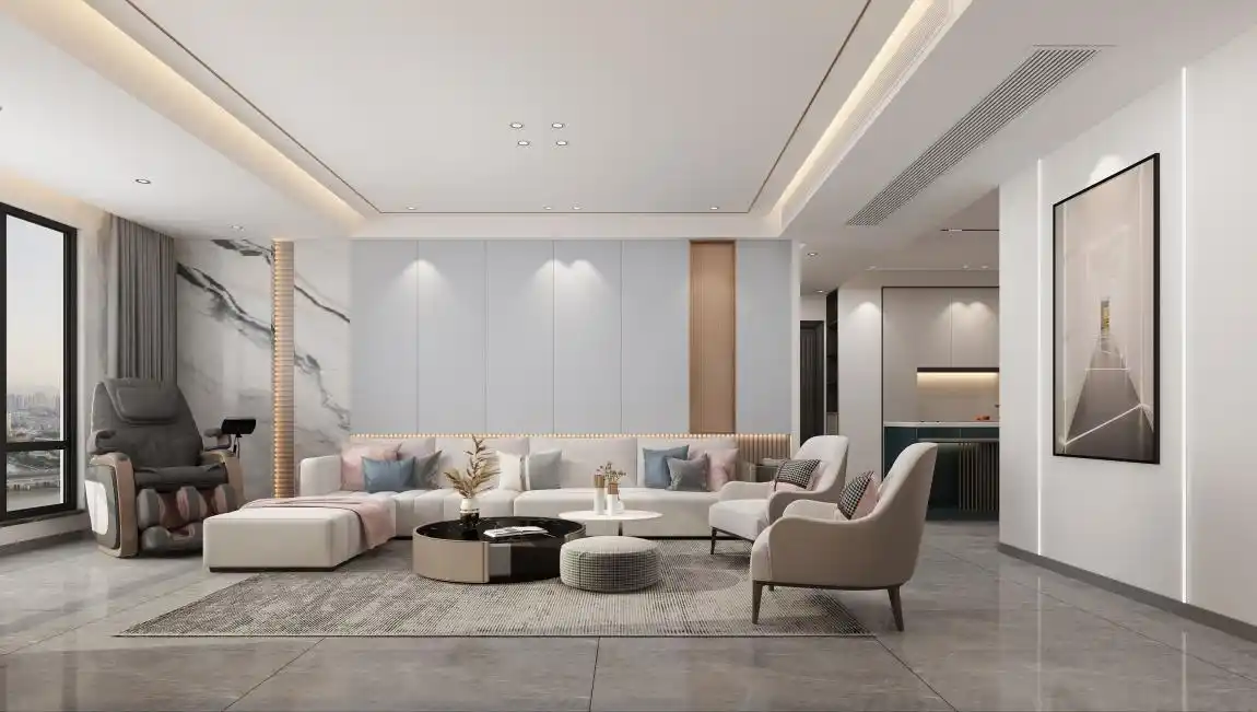 163 ㎡后现代极简风平层,淡蓝背景墙让人心都跟着放松了(图4) 装修现代简约风格_现代简约装修好看吗_后现代简约装修