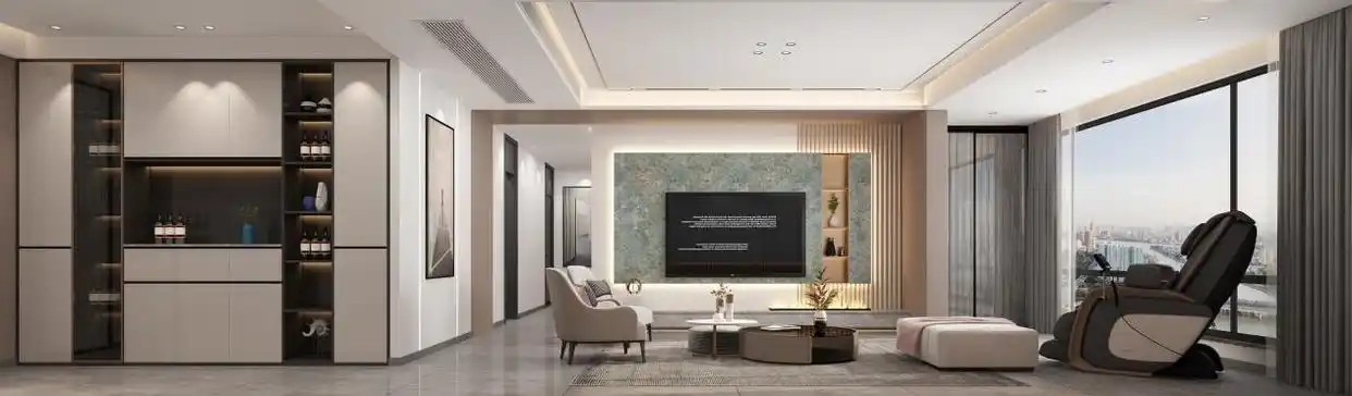 163 ㎡后现代极简风平层,淡蓝背景墙让人心都跟着放松了(图5) 后现代简约装修_装修现代简约风格_现代简约装修好看吗