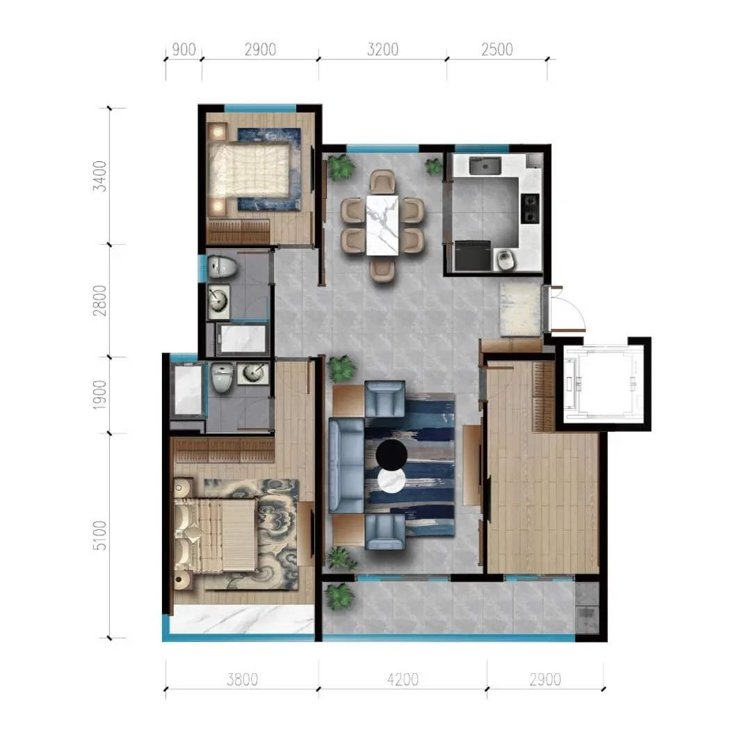 惊艳!270°视野、7.1米跑道级阳台、大宽厅…狠狠心动了!(图4) 三房两厅两卫装修效果图大全_天荟江南府三房户型_理想三房户型